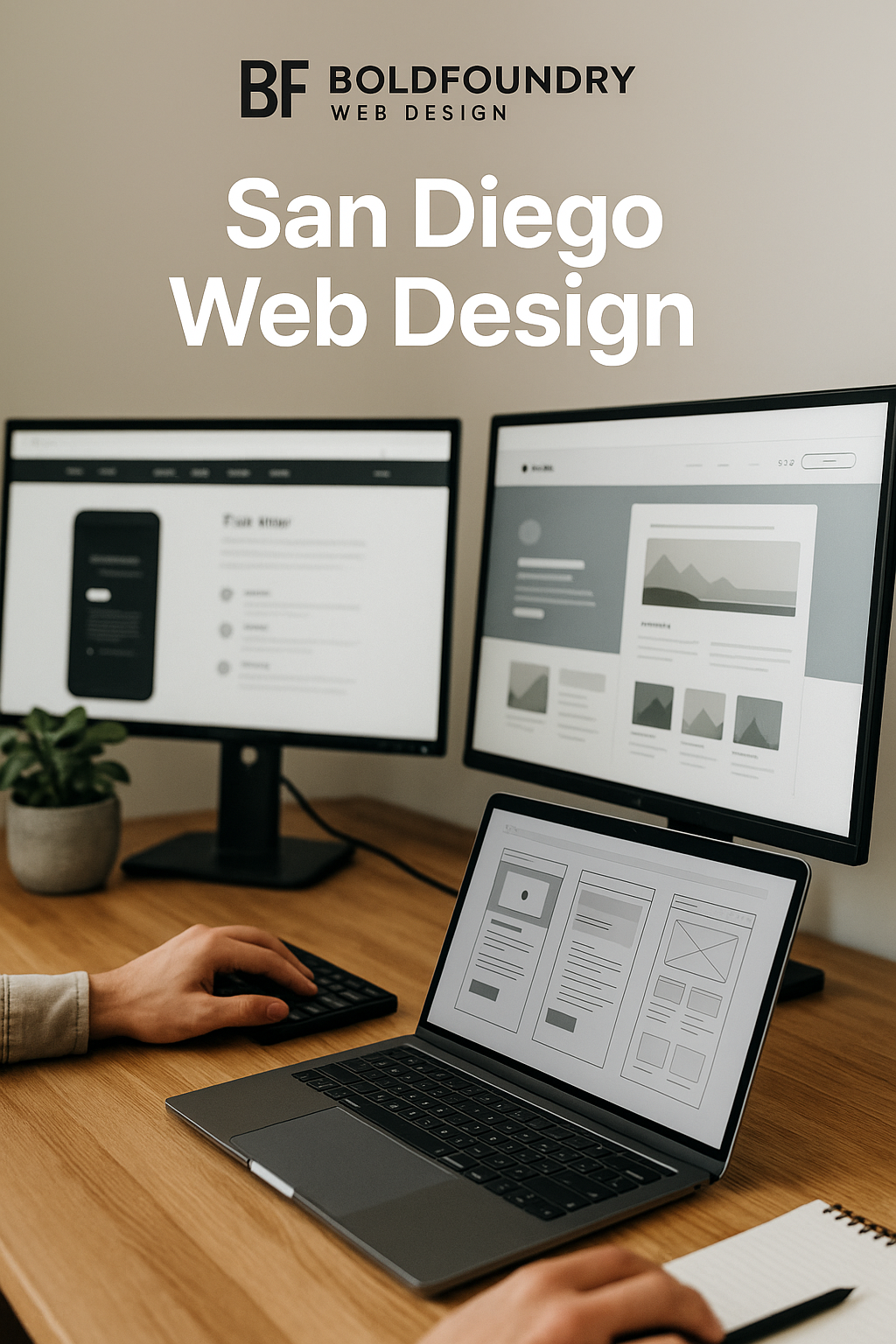 Web designer working on a laptop with San Diego skyline in the background – Bold Foundry Digital Marketing