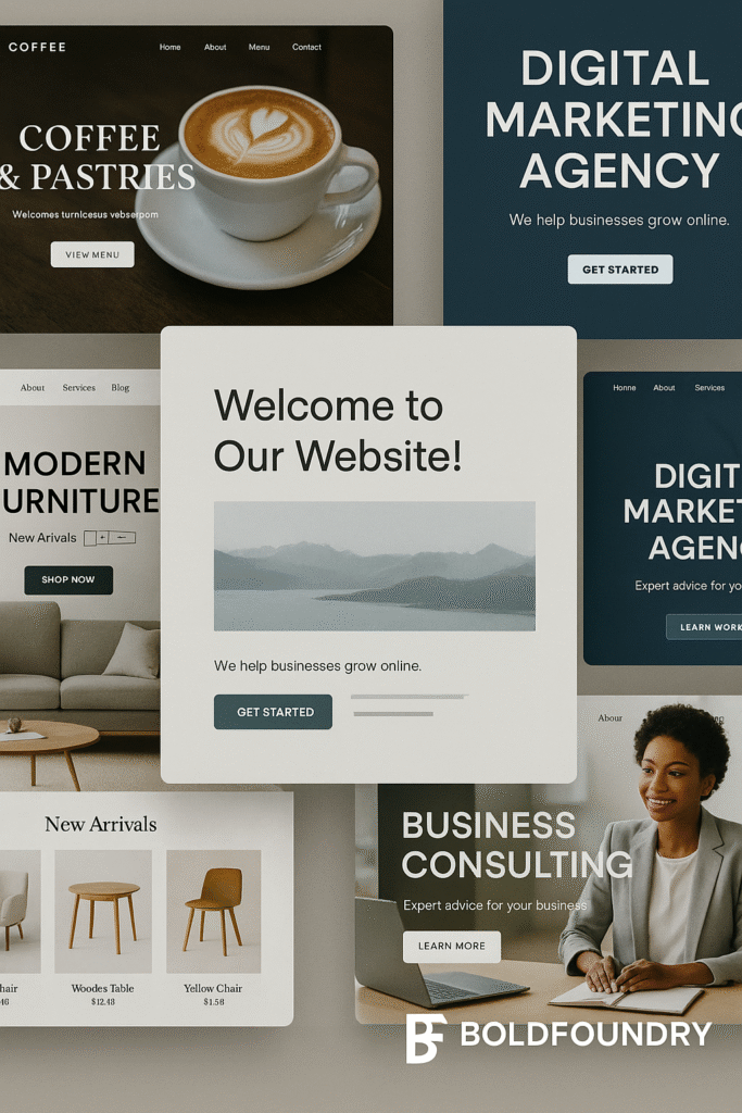 Collage of Bold Foundry website mockups for vets, chiropractors, cleaning services, automotive, and Airbnb hosts