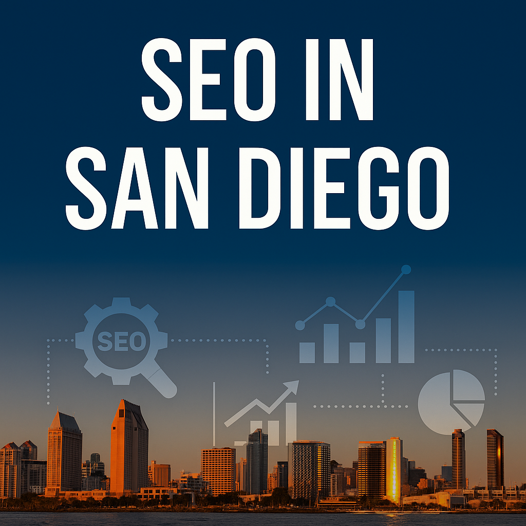 San Diego skyline with SEO icons and Bold Foundry logo promoting SEO services